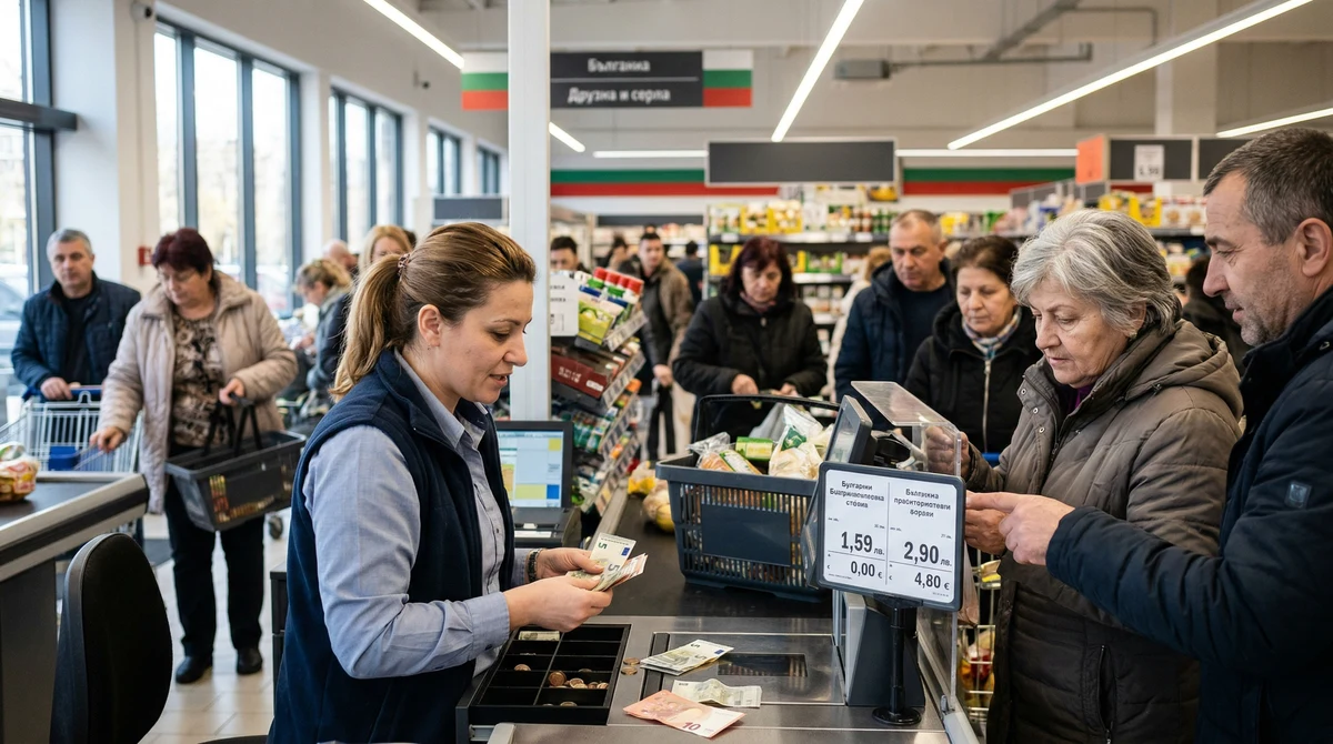 Каса в български супермаркет с обозначени цени в левове и евро и плащане в евро