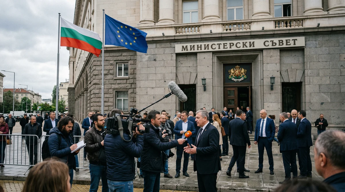 Сградата на Министерския съвет в София с българското и европейското знаме след решение за нов избор на европейски прокурор.