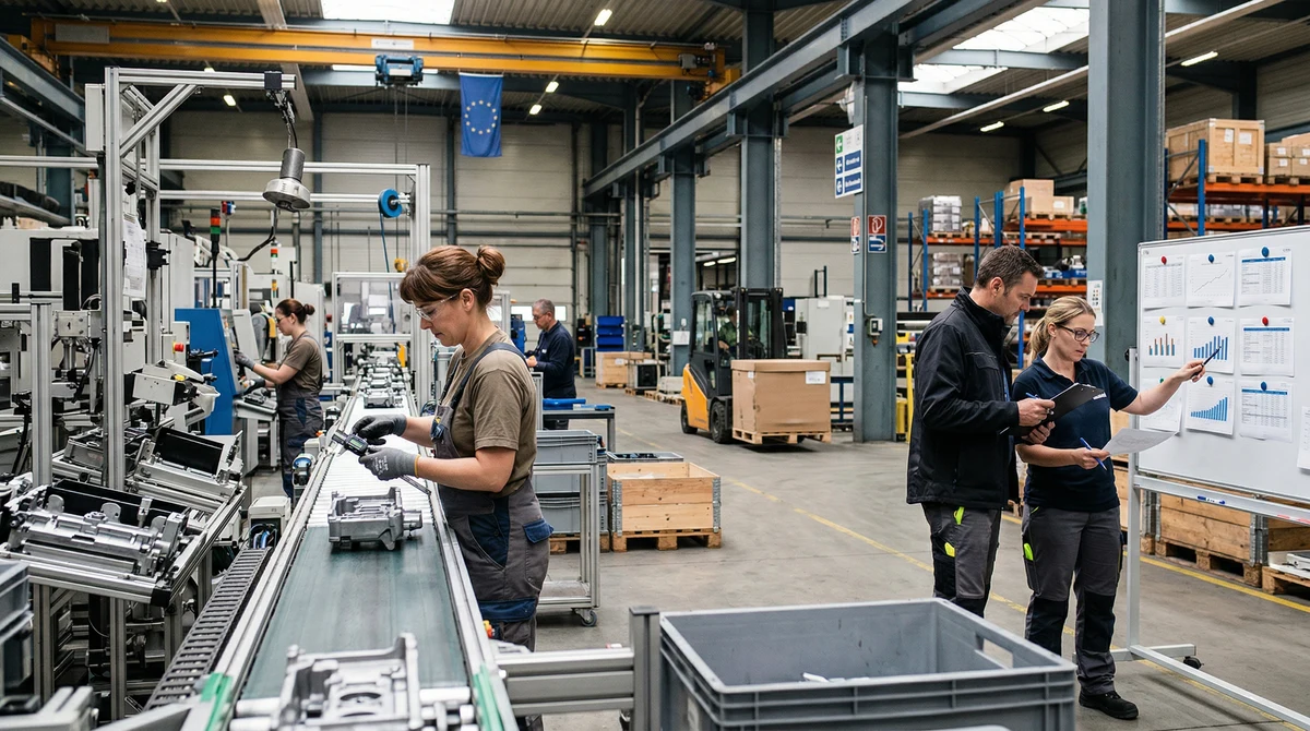 Работници и мениджъри в европейски производствен завод следят производствена линия и индустриални данни