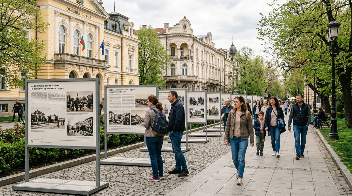 Посетители разглеждат открита изложба за историята на София в централната градска част пред исторически сгради.
