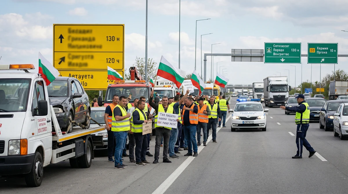 Специализирани автомобили за пътна помощ и полиция край български път по време на протест за правилата при репатриране