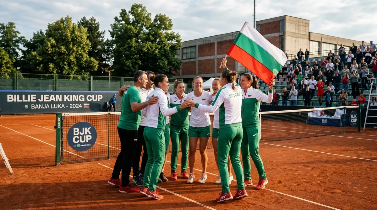 Състезателки от женския национален отбор на България по тенис празнуват победа на клей в мач от Били Джийн Кинг къп в Баня Лука.