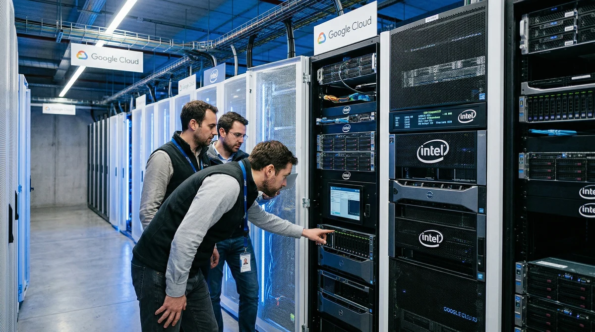 Инженери в модерен европейски център за данни проверяват сървъри и AI инфраструктура с обозначения на Google Cloud и Intel.