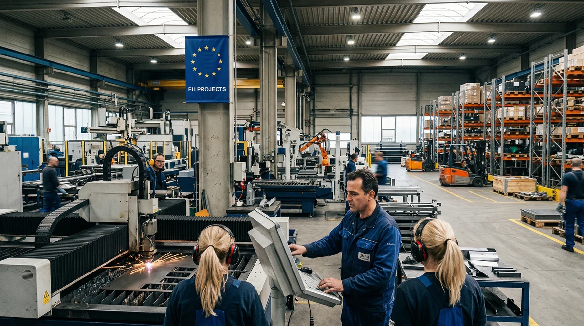 Работници в европейска фабрика на производствена линия на фона на индустриално оборудване и знаме на ЕС.