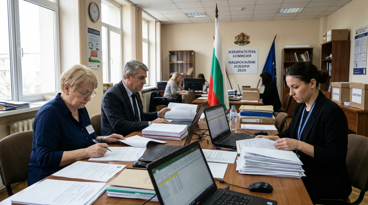 Служители в районна избирателна комисия подготвят документи и състави на секции преди парламентарен вот в България.