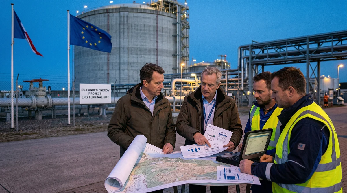 Газова инфраструктура в Европа с LNG резервоари, тръбопроводи и символи на ЕС в контекста на спирането на руския газ