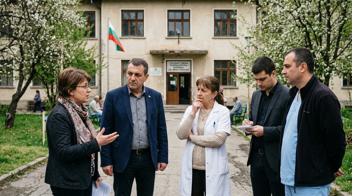 Медицински персонал и представители на институции пред държавна психиатрична болница в България по време на официална визита