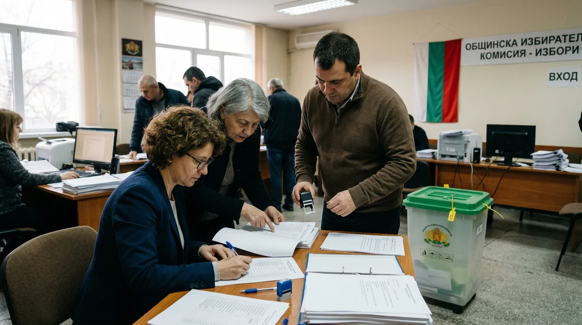 Служители в изборна администрация подготвят документи и подвижна избирателна кутия преди парламентарния вот в България.