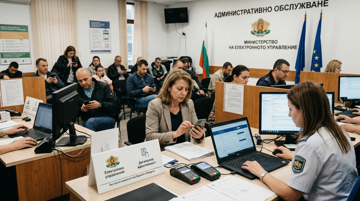 Граждани използват смартфони и компютри в среда на държавни електронни услуги, свързани с цифрова самоличност в България.