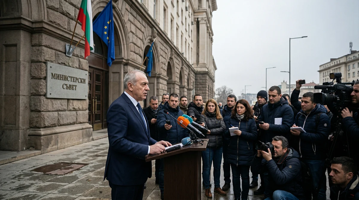 Сграда на Министерския съвет в София с българското и европейското знаме по време на брифинг за избора на европейски прокурор