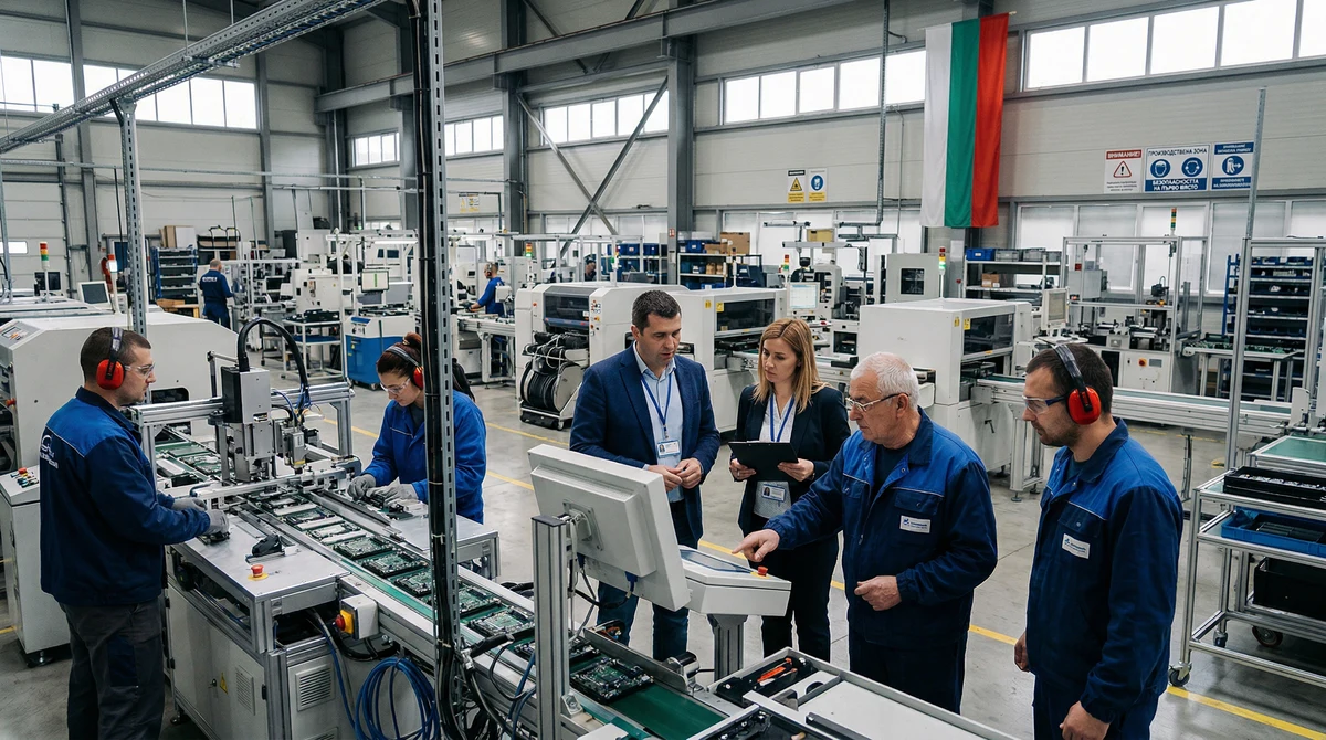 Работници и производствена линия в българско индустриално предприятие на фона на спад в промишленото производство.