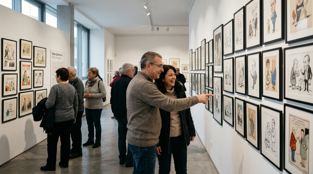 Посетители разглеждат изложба с карикатури и сатирични рисунки в музейна галерия в Габрово, посветена на Борис Димовски.