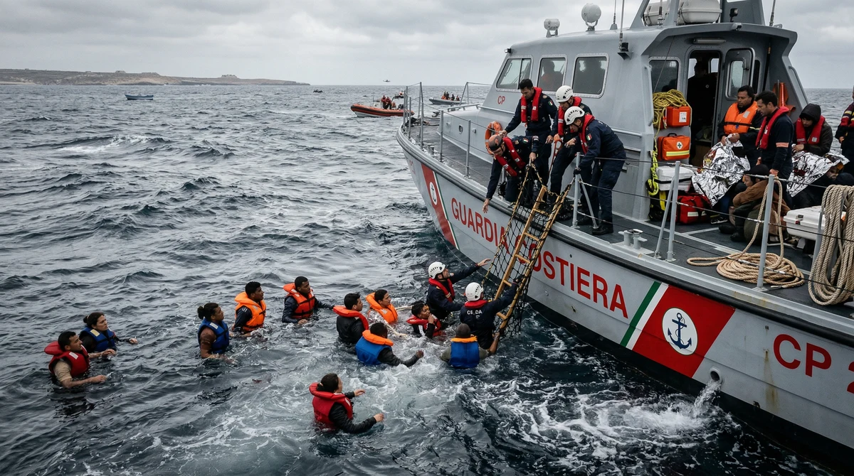 Италианска брегова охрана провежда спасителна операция след инцидент с лодка с мигранти в централното Средиземно море.