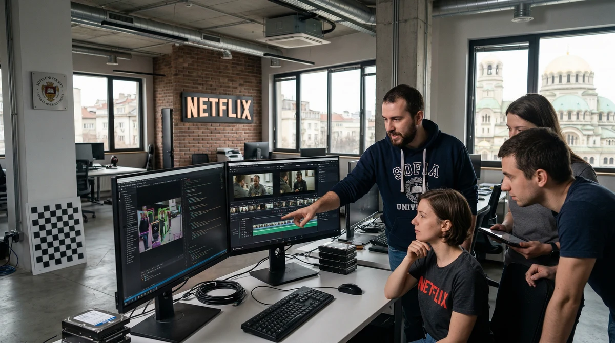 Изследователи и инженери в модерна лаборатория и студио за видео постпродукция, които разглеждат AI редакция на видео на големи монитори