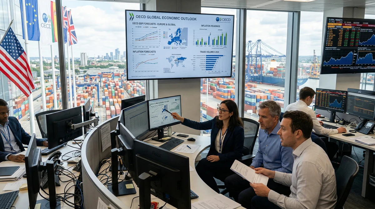 Анализатори в модерен финансов офис следят данни за инфлацията, световния растеж и търговията на фона на американски мита.