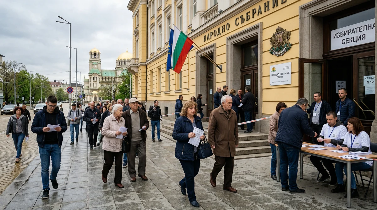 Избиратели пред секция в София по време на парламентарни избори, с видими български знамена и изборна атмосфера