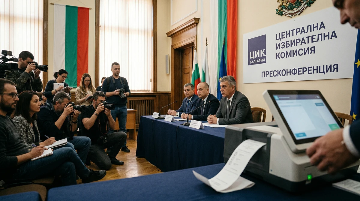 Пресконференция на изборната администрация в България с машина за гласуване и отпечатана бюлетина преди вота на 19 април 2026 г.
