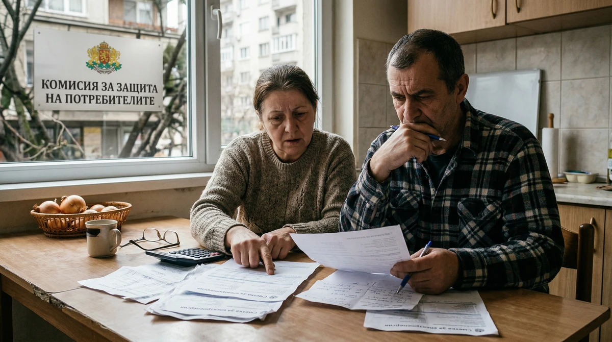 Сметки за ток и документи за жалба върху маса в домакинство, свързани с проверките на КЗП