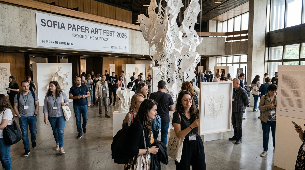 Посетители разглеждат изложба с хартиени инсталации в културно пространство в София по време на Sofia Paper Art Fest.