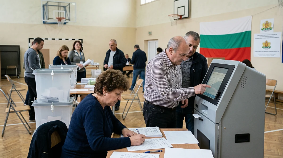Подготовка на изборна секция в България с машини за гласуване, урни и членове на комисия
