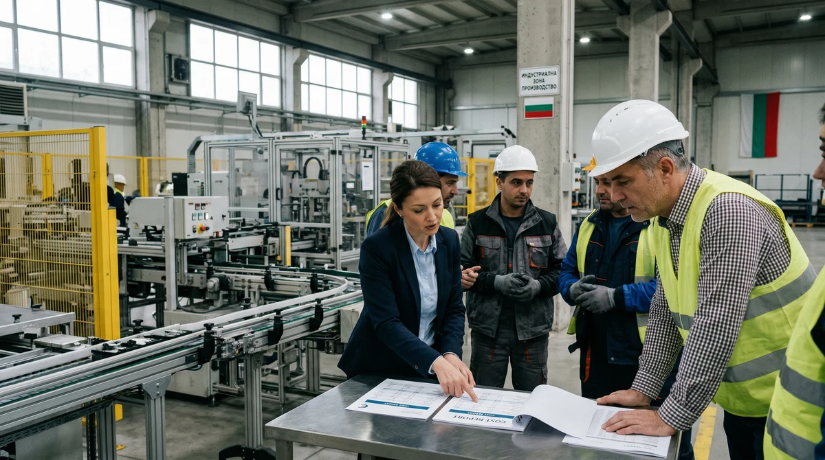 Работници и мениджъри в българско индустриално предприятие следят производствена линия и разходи