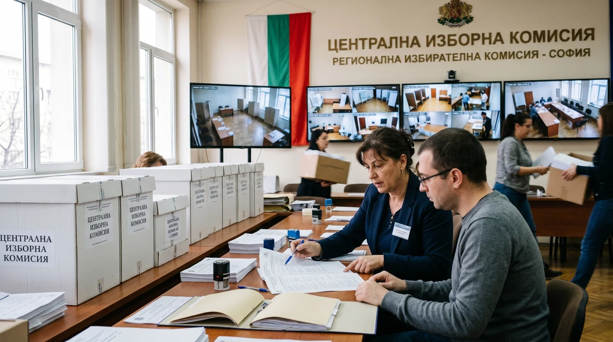 Служители в изборна администрация преглеждат протоколи и наблюдават видеоизлъчване преди изборите в България.