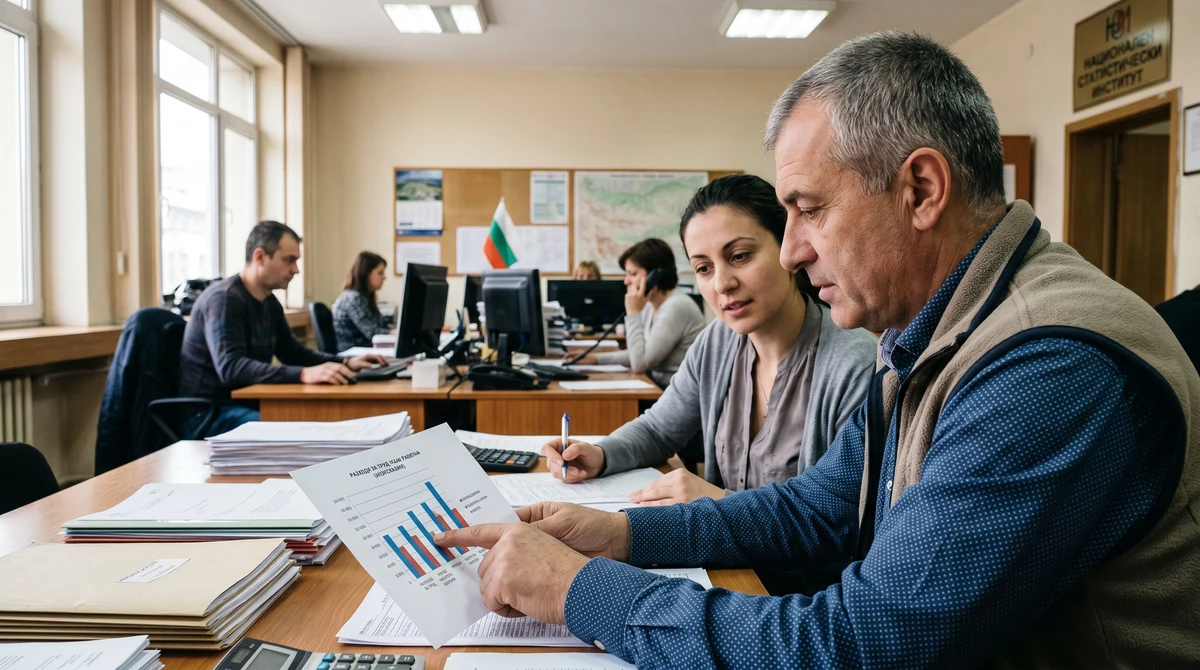 Служители и мениджъри разглеждат документи за заплати и разходи за труд в офис среда в България