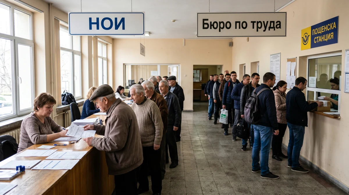 Хора чакат на гише в поща и в служба по заетостта за социални плащания и пенсии