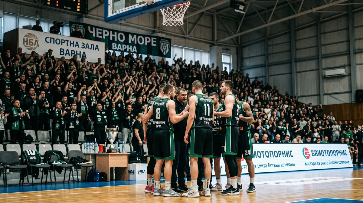 Играчите на Черно море Тича в баскетболна зала преди важен мач от НБЛ, с публика и трофей край пейката.
