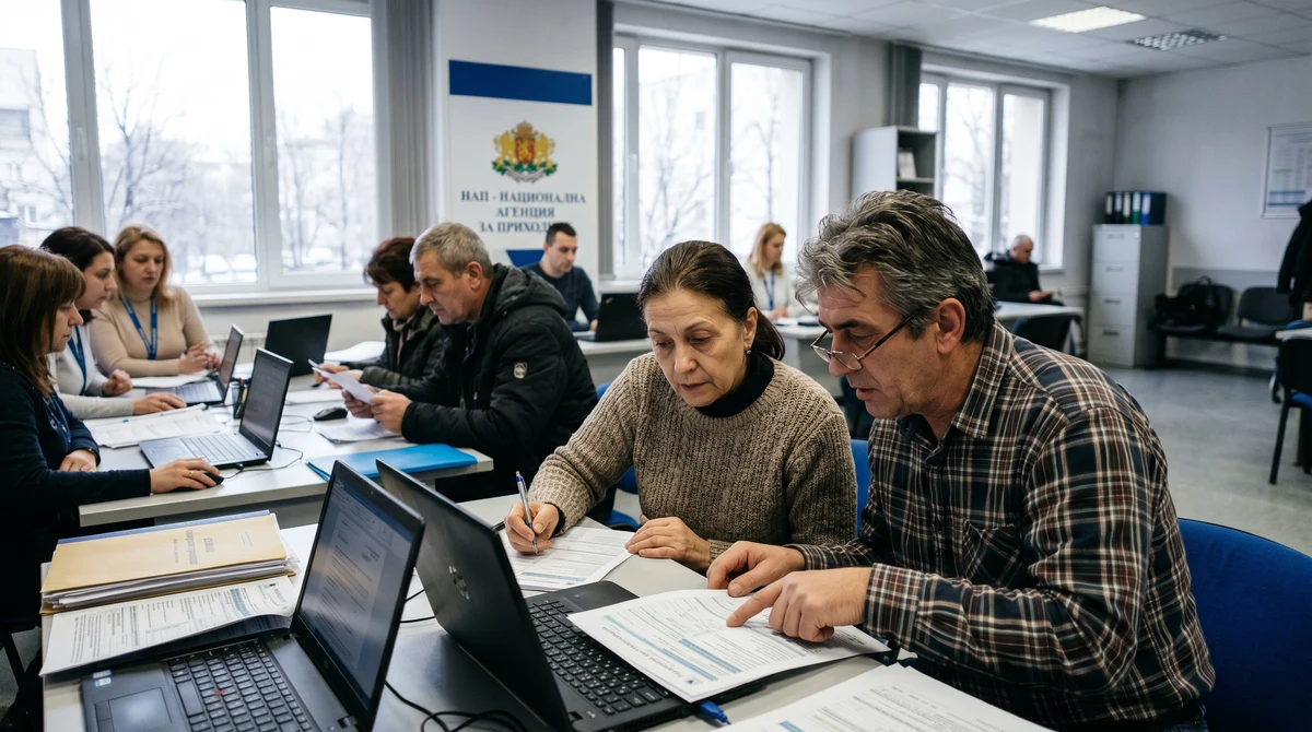 Хора преглеждат данъчни документи и подават годишна данъчна декларация с лаптоп и хартиени формуляри.