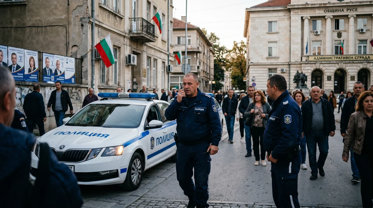Полицейско присъствие на градска улица в Русе преди избори на фона на плакати и обществена сграда