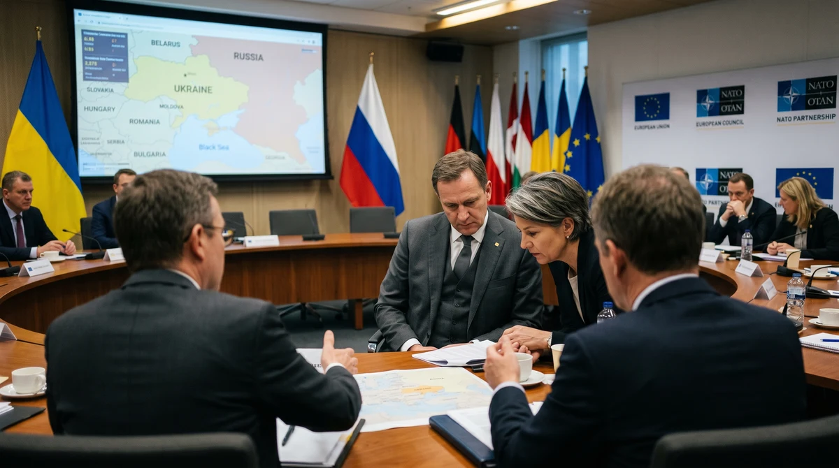 Правителствена зала за брифинги с карти на Черноморския регион и символи на EU и NATO на фона на провалени мирни усилия за Украйна.