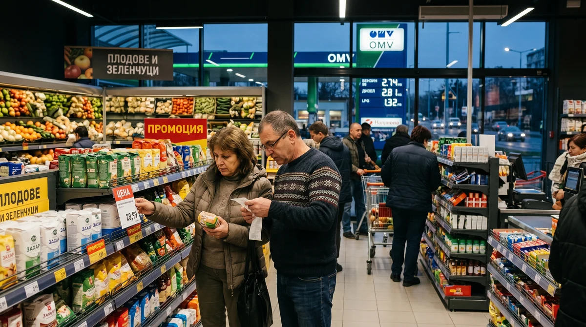 Хора пазаруват в супермаркет и проверяват касова бележка на фона на растящи цени и разходи за домакинството.