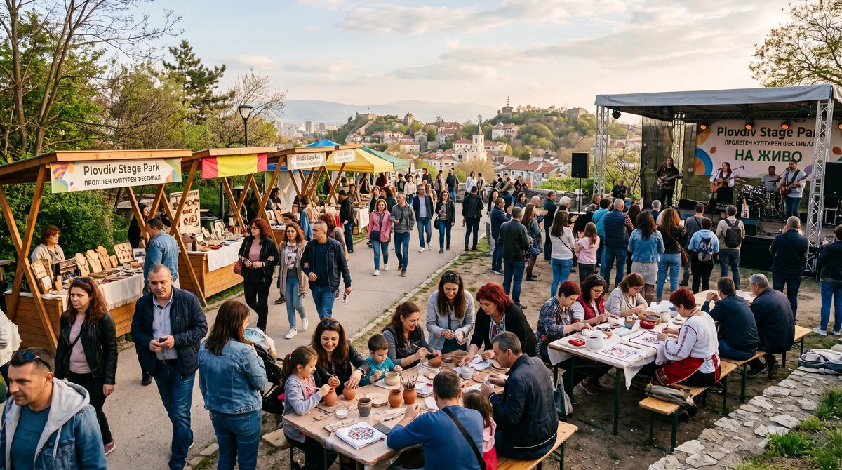 Посетители на открит културен фестивал в парк в Пловдив участват в работилници, разглеждат базар и слушат музика на сцена.