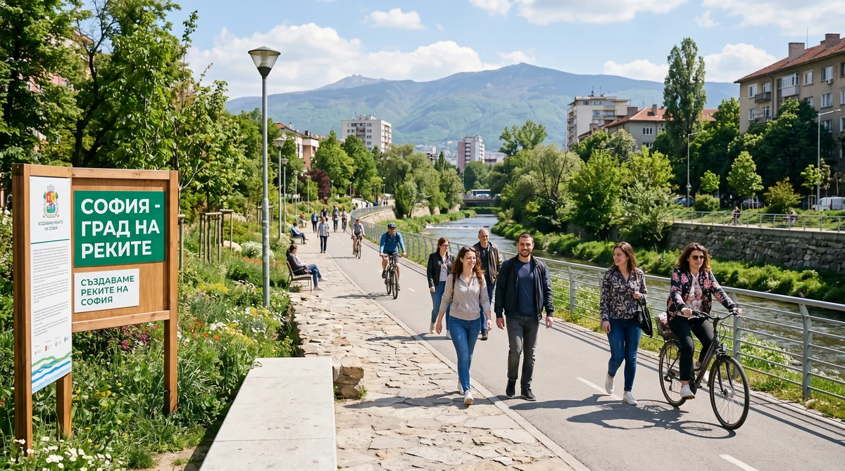 Хора се разхождат и карат велосипеди край обновено речно пространство в София с алеи и зеленина.