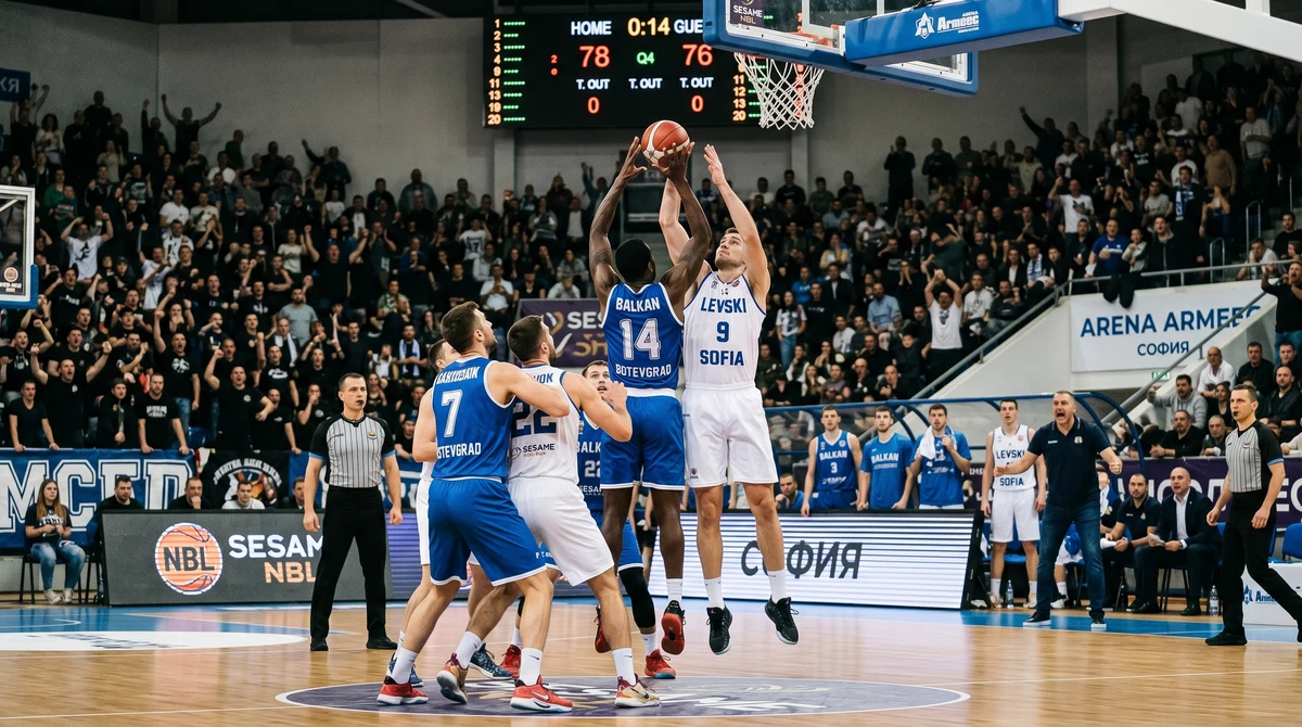 Игрова ситуация в закрита баскетболна зала по време на напрегнат мач от българското първенство