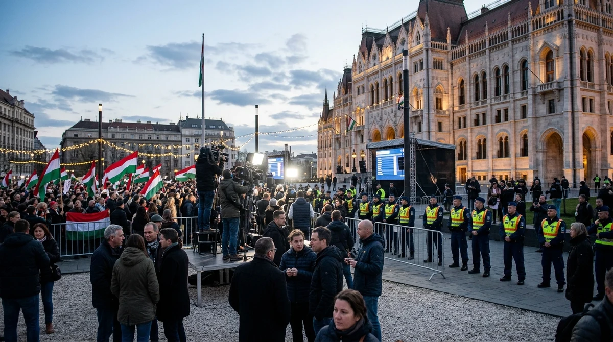 Изборна вечер пред унгарския парламент в Будапеща с журналисти, поддръжници и унгарски знамена