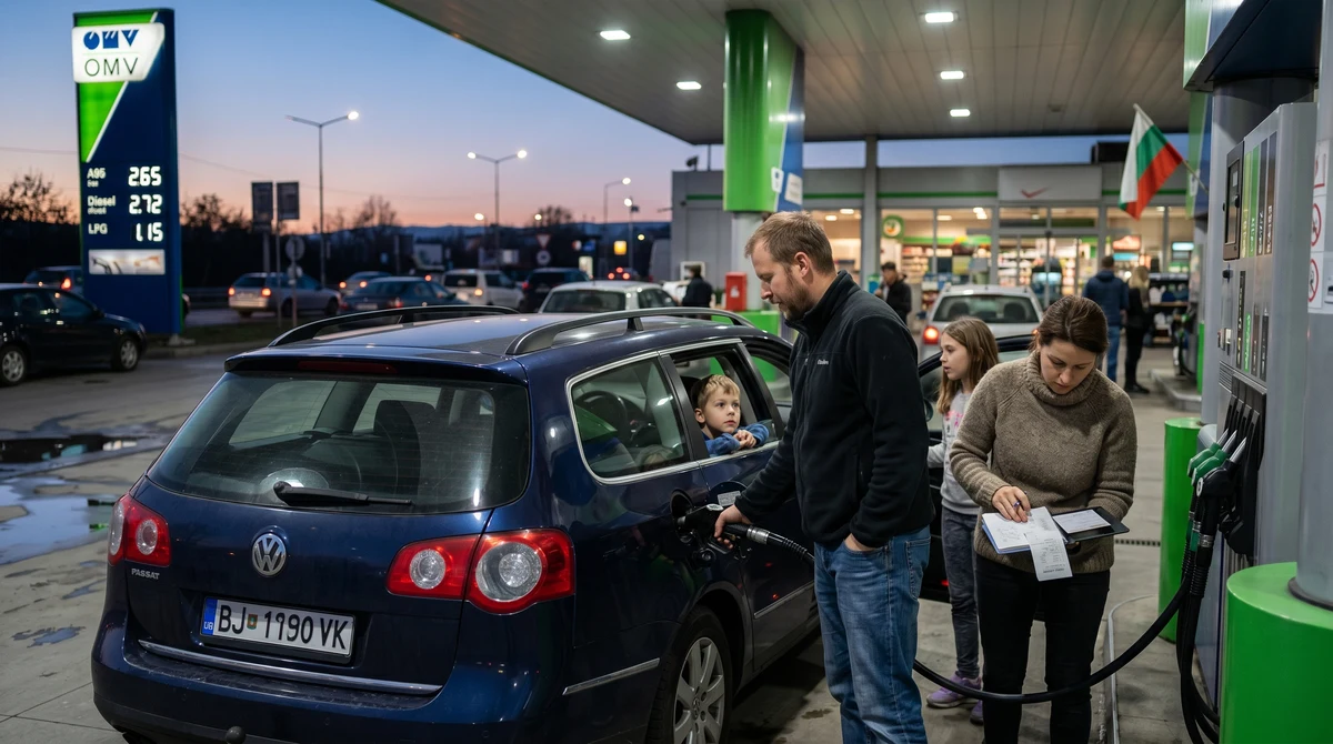 Семейство зарежда автомобил на бензиностанция в България, докато проверява разходите си за гориво.