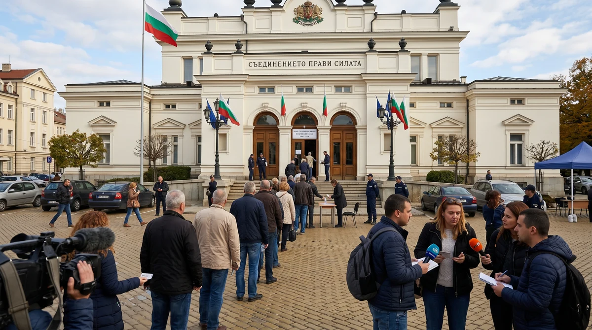 Избиратели пред секция до сградата на Народното събрание в София в деня на парламентарни избори