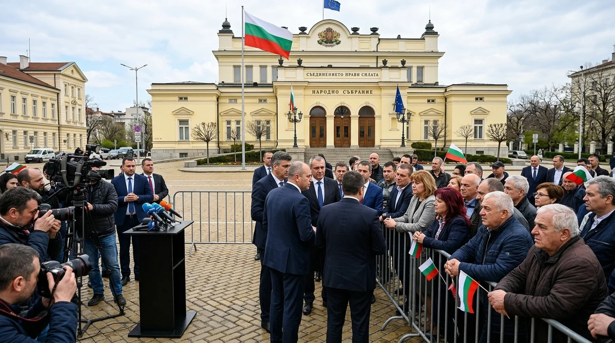 Хора и политици пред сградата на Народното събрание в София след парламентарни избори
