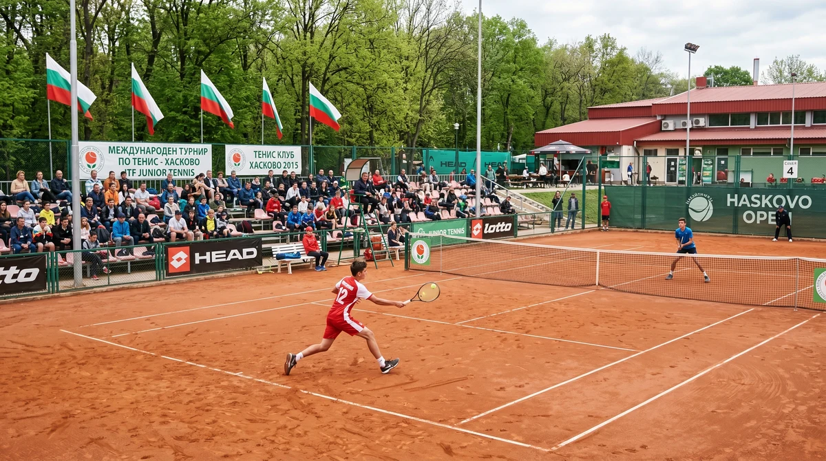 Млад тенисист играе на клей по време на международен юношески турнир в Хасково пред публика