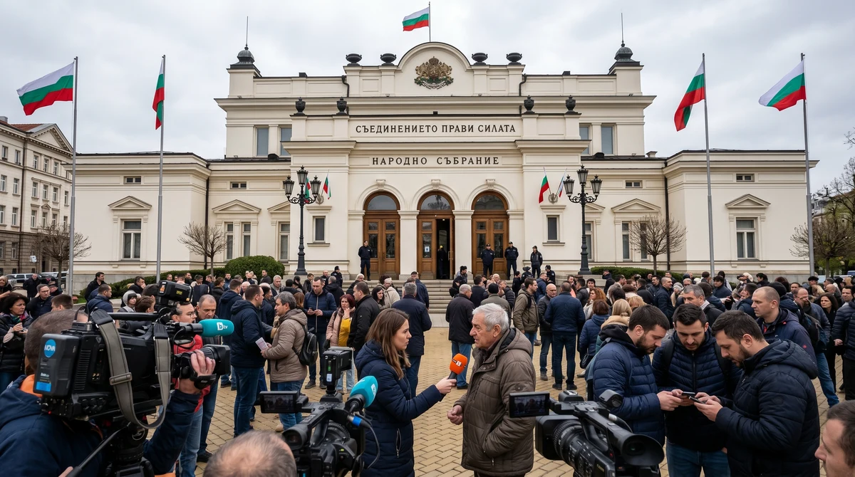 Сграда на Народното събрание в София на фона на изборни резултати и събрани журналисти
