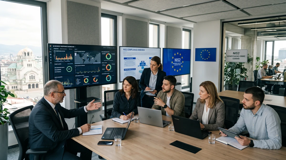 Ръководители и ИТ специалисти обсъждат новите изисквания по киберсигурност в модерен офис с екран за мониторинг