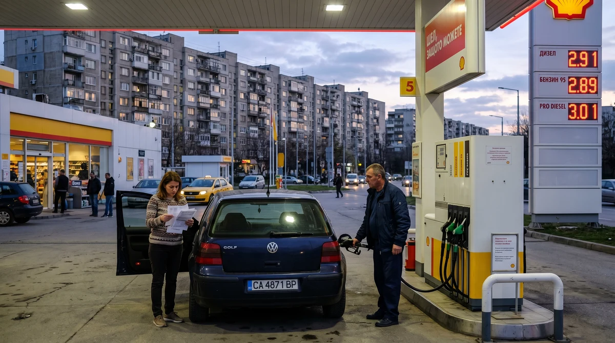 Хора зареждат автомобил на бензиностанция и преглеждат битови сметки пред жилищни сгради в градска среда