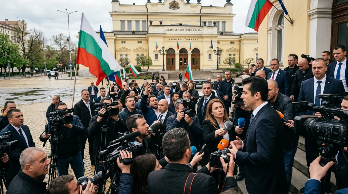 Журналисти и политици пред сградата на Народното събрание в София след изборните резултати