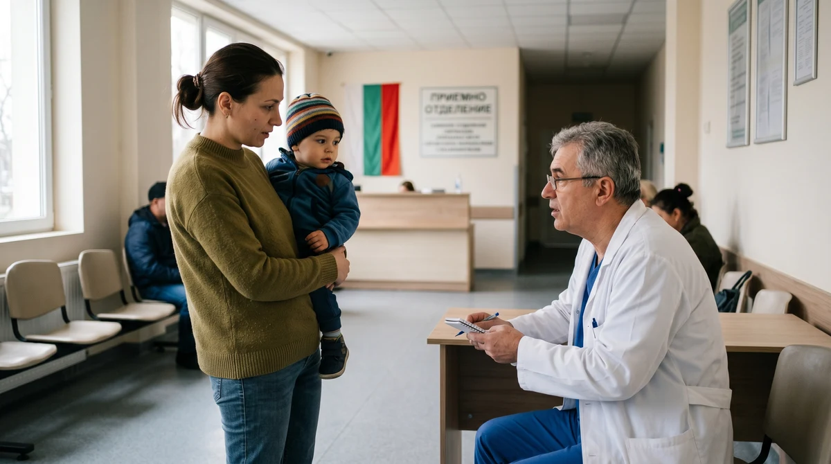 Майка с дете разговаря с педиатър в болнично отделение за планов прием в България.