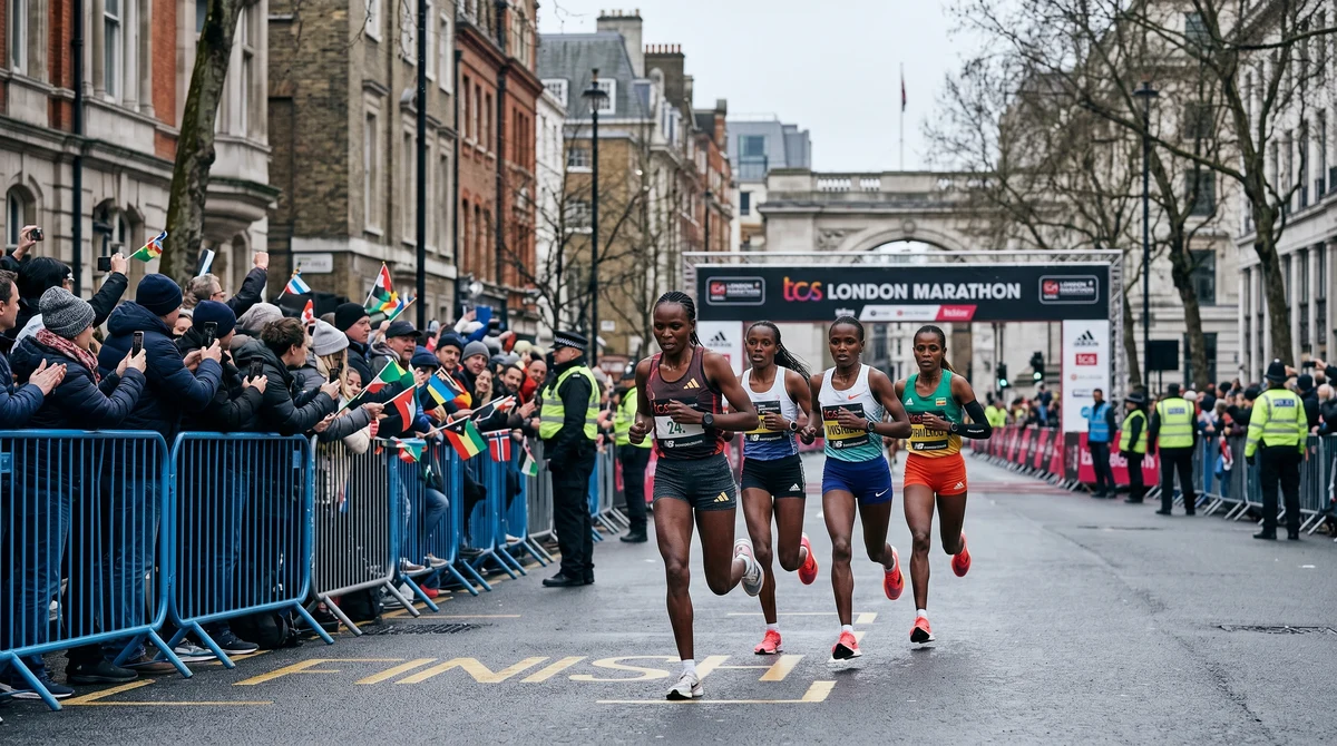Елитни състезателки бягат към финала на Лондонския маратон пред публика и обозначения на трасето.