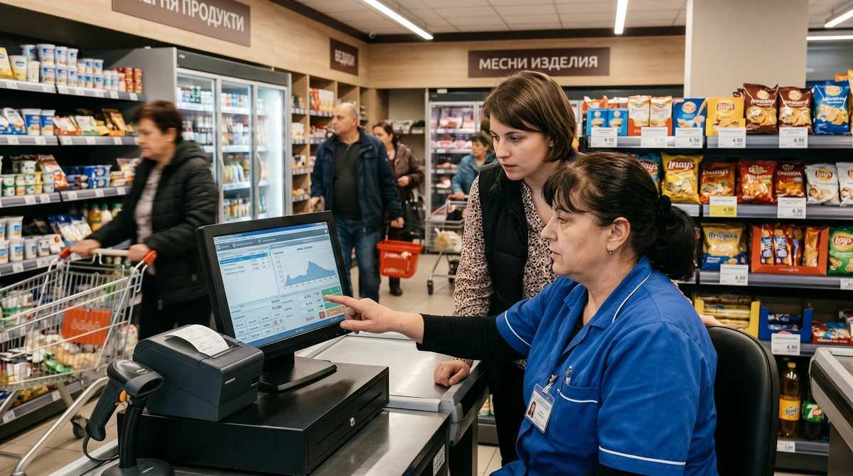 Касиер и управител в малък търговски обект в България преглеждат софтуер за продажби до касов апарат и етикети в евро.