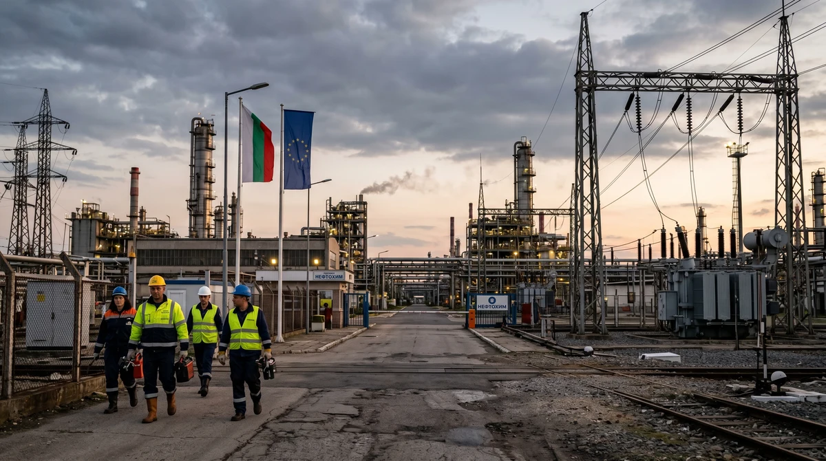 Тежък индустриален завод в България с електропреносна инфраструктура, символизиращ помощта за енергоемки предприятия