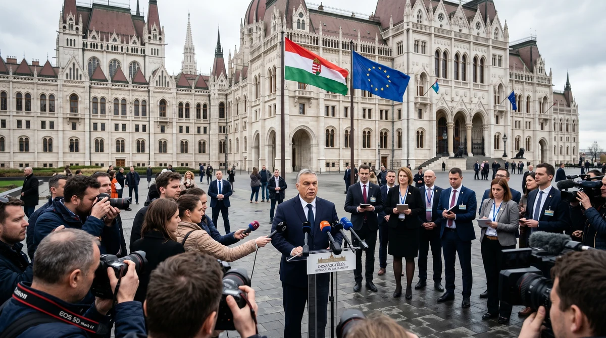 Пресконференция пред унгарския парламент след парламентарни избори, с унгарски и европейски знамена